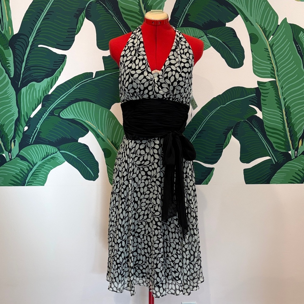 Maggy London Silk Black and White Leaf Print Midi Dress